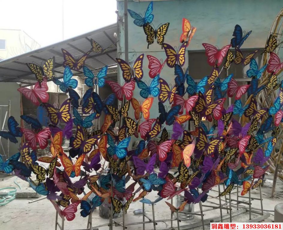 不锈钢彩蝴蝶雕塑，一群飞蝴蝶雕塑，彩色群碟飞舞雕塑