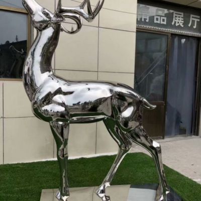 不锈钢小鹿雕塑，镜面鹿雕塑，白钢雕塑